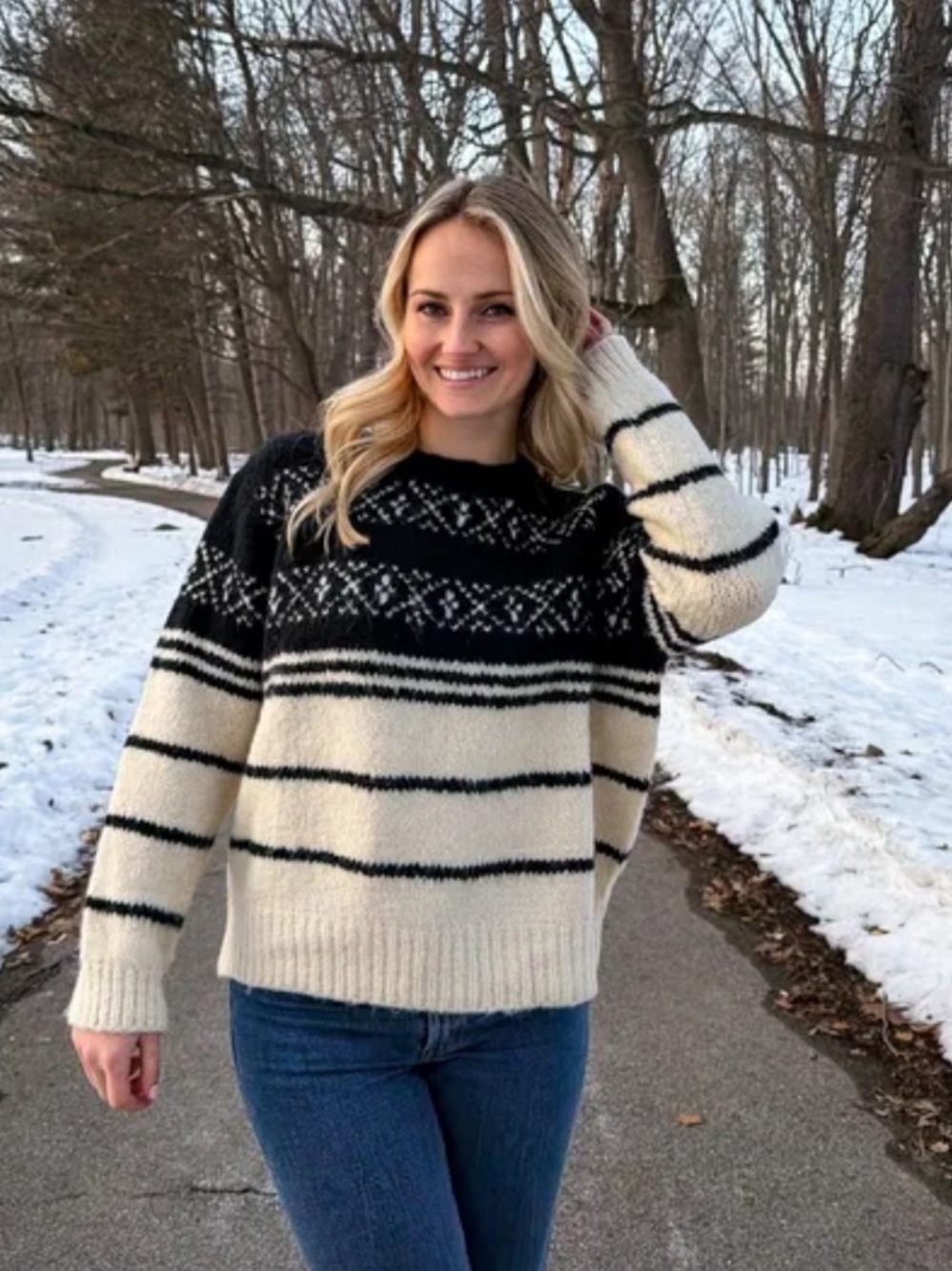 NWOT Carly Jean Los Angeles Black and Cream Fair Isle Crewneck Sweater